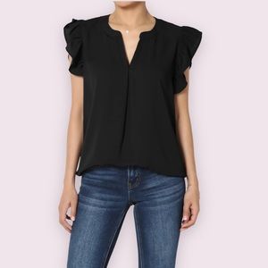 Ruffle Flutter Short Sleeve Black Blouse